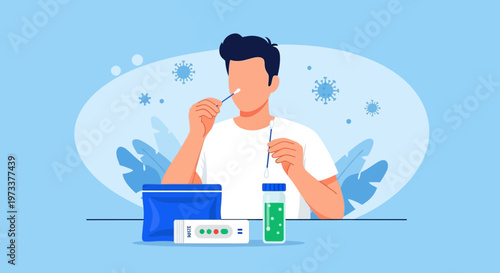 Man Performing Rapid Antigen Self-Test with Nasal Swab Kit, Medical Healthcare Illustration of Virus Diagnostic Procedure