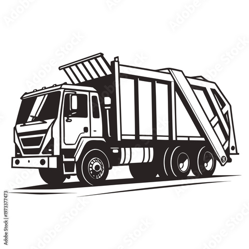 Garbage truck vector illustration, black and white waste management vehicle icon, refuse collection lorry for sanitation and recycling services