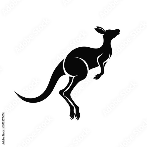 Minimalist kangaroo silhouette vector, jumping wallaby black icon on white background, Australian wildlife animal logo design, jumping marsupial graphic