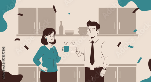 Colleagues celebrating with coffee in office kitchen, confetti falling, teamwork success