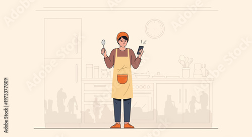 Chef with Spoon and Smartphone in Kitchen, Multitasking Concept