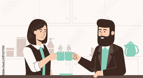 Colleagues Toasting with Coffee Cups in Office Break Room