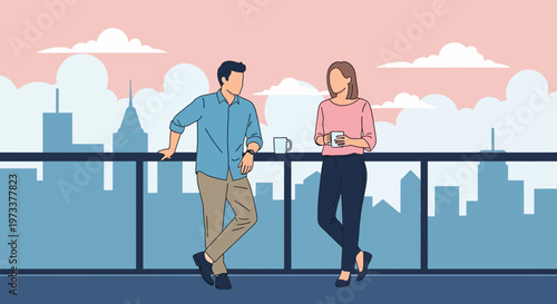 Couple enjoying coffee break on city rooftop balcony with skyline view