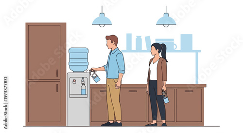 Colleagues waiting in line for water at the office cooler, healthy hydration concept