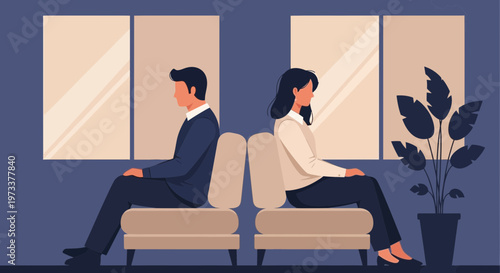 Couple sitting back to back on chairs, relationship conflict, distance, silence, misunderstanding