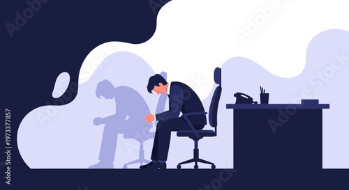 Depressed businessman sitting at desk, feeling stressed and overwhelmed, mental health concept