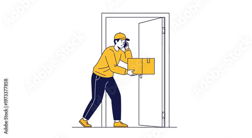 Delivery man with package on phone at open door, courier service, logistics concept