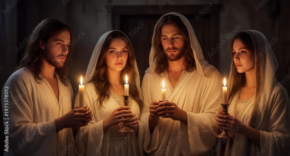 Fototapeta premium Christian believers in white robes holding lit candles in the darkness