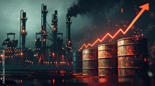 global energy shortage crisis concept picture of oil barrels and pumpjacks with financial chart at sunset over industrial refinery.