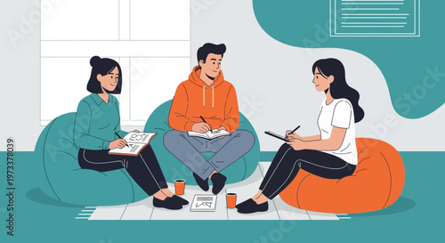 Diverse young adults collaborating in a casual meeting, brainstorming ideas on bean bags