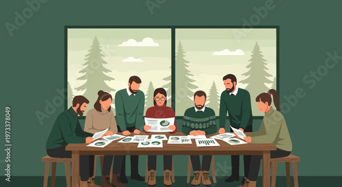 Diverse Team Meeting Around Table Discussing Documents in Forest Office