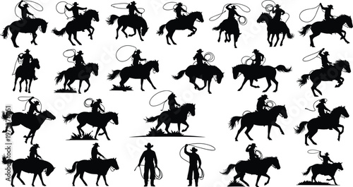 Cowboy riding horse silhouettes set with lasso action poses, western rodeo theme collection, wild west vector illustration for design and branding