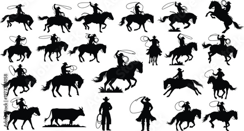 Cowboy Silhouette Set with Horse Riding and Lasso Action Poses, Western Ranch Illustration Collection for Rodeo, Farm, and Vintage Design