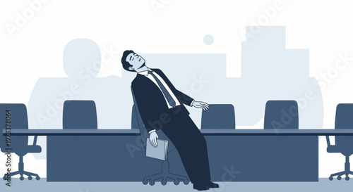 Exhausted businessman slumps in chair during boring meeting, burnout concept