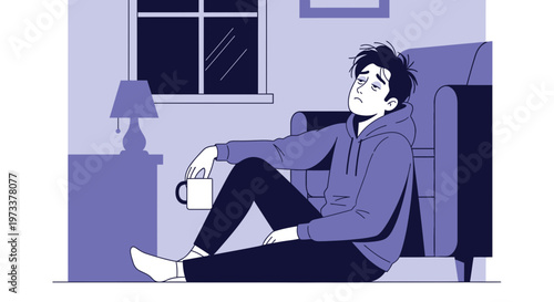 Exhausted Man Sitting on Floor with Coffee Mug, Feeling Depressed and Tired