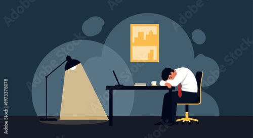 Exhausted businessman sleeping at desk late at night, work stress, burnout concept