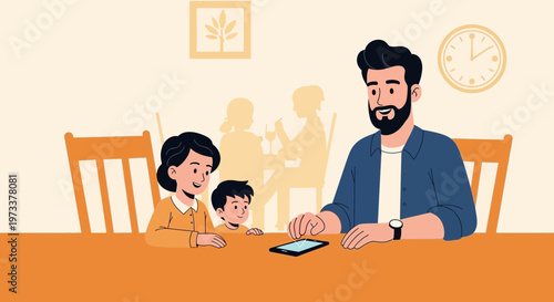 Family bonding at home: father and children playing with smartphone at dining table