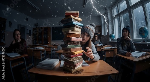 Young students in classroom, tall book stack, stormy weather outside