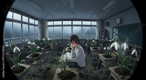 Young person contemplates life amidst blooming flowers in a rain-swept classroom