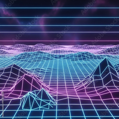 Futuristic Digital Landscape with Neon Grid and Mountain Ranges.