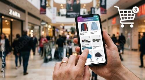 Hands holding smartphone with shopping app in a busy mall