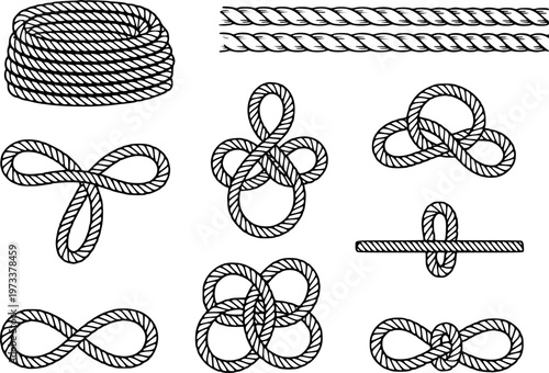 Collection of nautical rope knots and coiled rope white background marine cord