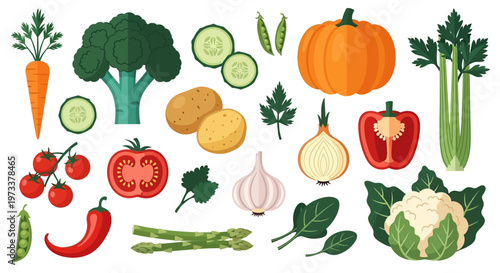 Flat Design Fresh Vegetable Collection Set - Healthy Organic Food Icons with Broccoli, Carrot, Tomato, Pumpkin, and Garlic on White Background