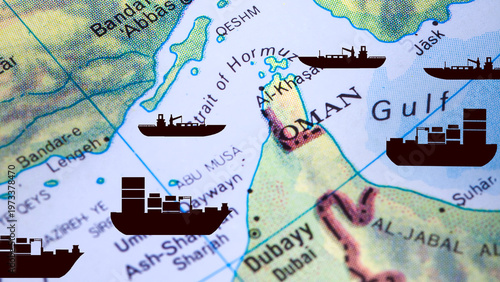 Strait of Hormuz Shipping Route Crisis, Oil Tankers and Global Trade Disruption Concept