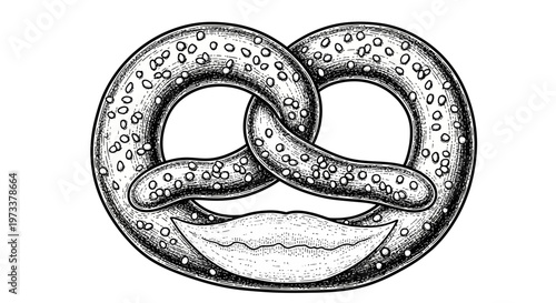 Vintage Hand-Drawn Pretzel Illustration - Etching Style Woodcut Engraving of a Traditional Salty Snack Isolated on White Background for Bakery Menu and Food Logo Design