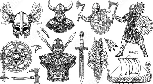 Viking warrior elements set including helmets, shields, swords, axes, and longship in detailed vintage engraving style for medieval design and Norse mythology themes