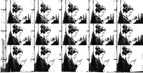 Young woman using smartphone in urban setting, black and white sketch style character illustration repeated pattern for social media, technology, and lifestyle design