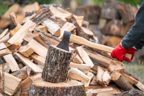 Φωτογραφία Process of splitting firewood with an axe in the yard