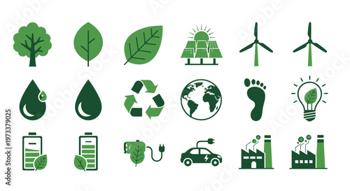 Green Energy and Sustainability Icon Set - Eco-Friendly Environmental Symbols for Renewable Technology and Ecology