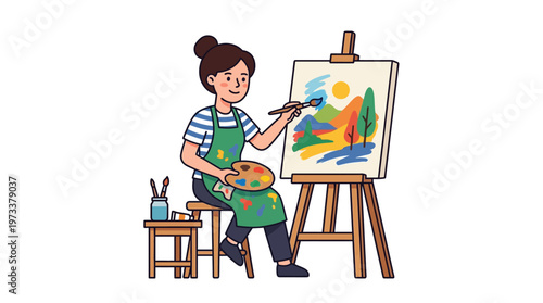 Talented woman artist painting a vibrant landscape on an easel with a brush and palette on isolated white background