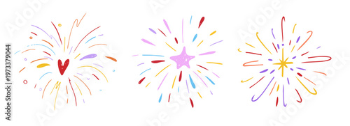 Crayon firework pastel confetti, hand drawn sketch chalk texture set. Kids color chalk pencil firecracker, sunburst, explosion