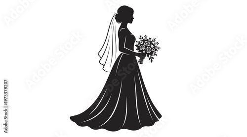 Silhouette of an Elegant Bride in a Wedding Dress with a Bouquet on an Isolated White Background.