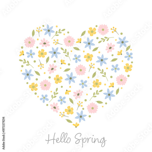 Hello Spring - Schriftzug in englischer Sprache - Hallo Frühling. Quadratische Grußkarte mit einem Herz aus pastellfarbenen Blüten und Blättern.