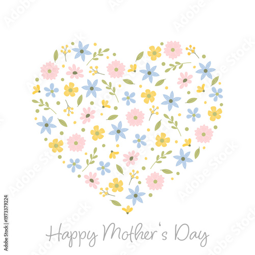 Happy Mother’s Day - Schriftzug in englischer Sprache - Alles Gute zum Muttertag. Quadratische Grußkarte mit einem Herz aus pastellfarbenen Blüten und Blättern.