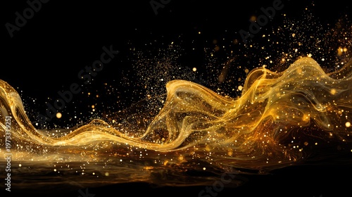 A vibrant and dynamic illustration of golden particles and sparks flying through a dark space