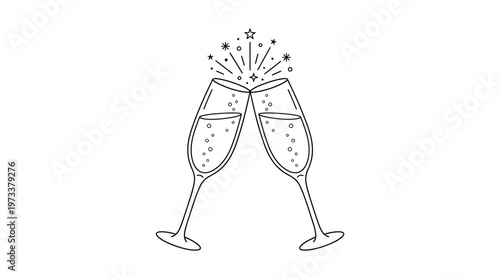 Two Champagne Glasses Clinking and Toasting with Sparkling Bubbles on an Isolated White Background.