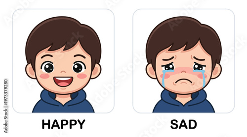 Cute Young Boy Expressing Happy and Sad Emotions on an Isolated White Background.