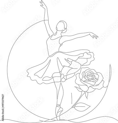 Continuous one line drawing of ballerina dancer with rose flower elegant minimal line art vector