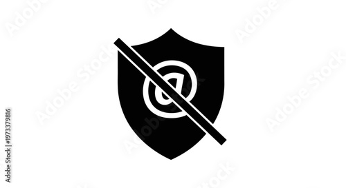Black shield with white security symbol.