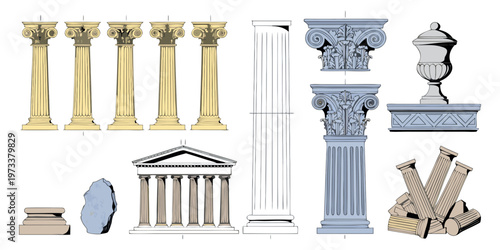 Ancient Greek temple featuring white marble ionic columns and classical stone pillars as a primary architectural support for this historic building.