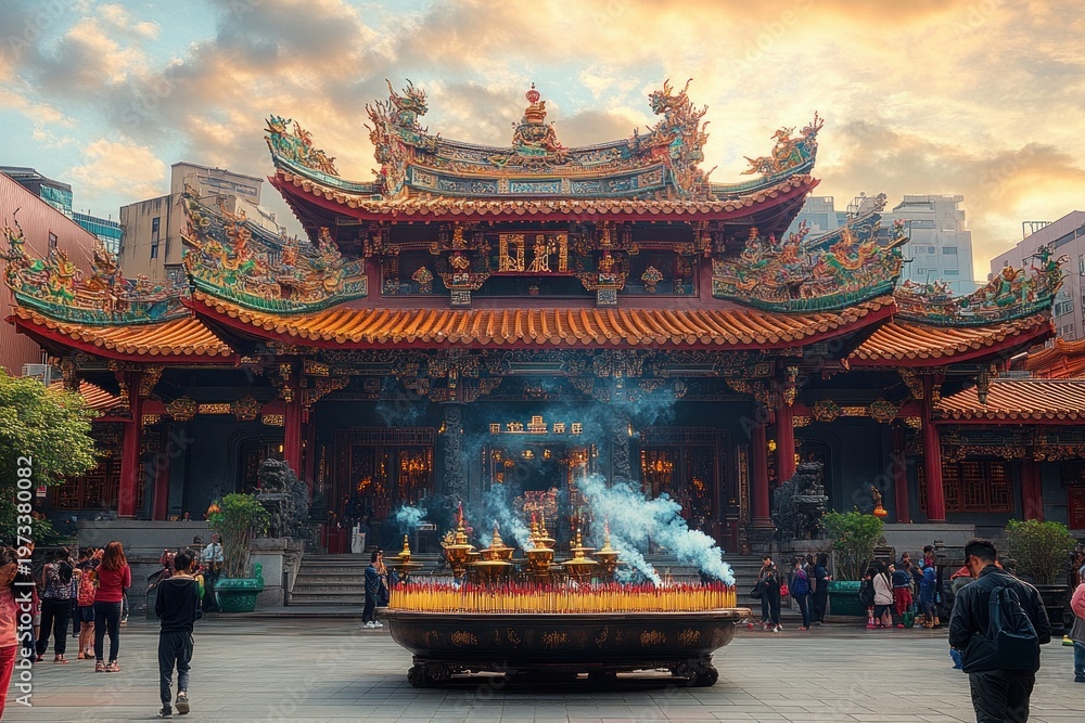Fototapeta premium ornate temple courtyard at sunset with glowing incense burner, rising smoke and people in quiet reverence