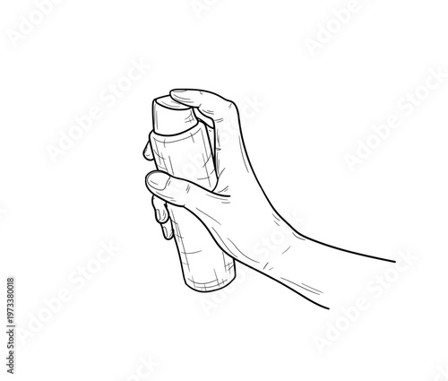 A woman's hand holds a can of hairspray or deodorant, and the sketch is drawn by hand. Vector illustration. A hand with an insect spray, the drawing is isolated on a white background