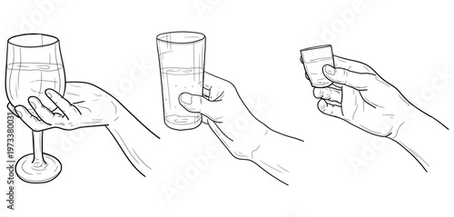 Glasses, flutes, and shot glasses in the hands, hand-drawn sketch. Vector illustration. Waiters and sommeliers pouring alcoholic beverages, collection isolated on a white background