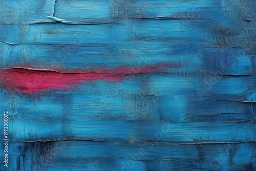 textured horizontal blue canvas with layered brushstrokes and a single red-pink streak, calm contemplative mood