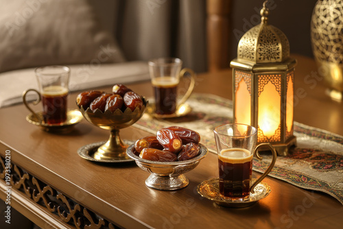 Traditional Arabic Coffee And Dates On Wooden Table With Lantern For Ramadan Celebration