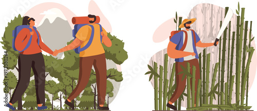 Outdoor explorers and a bamboo harvester in a lush green environment